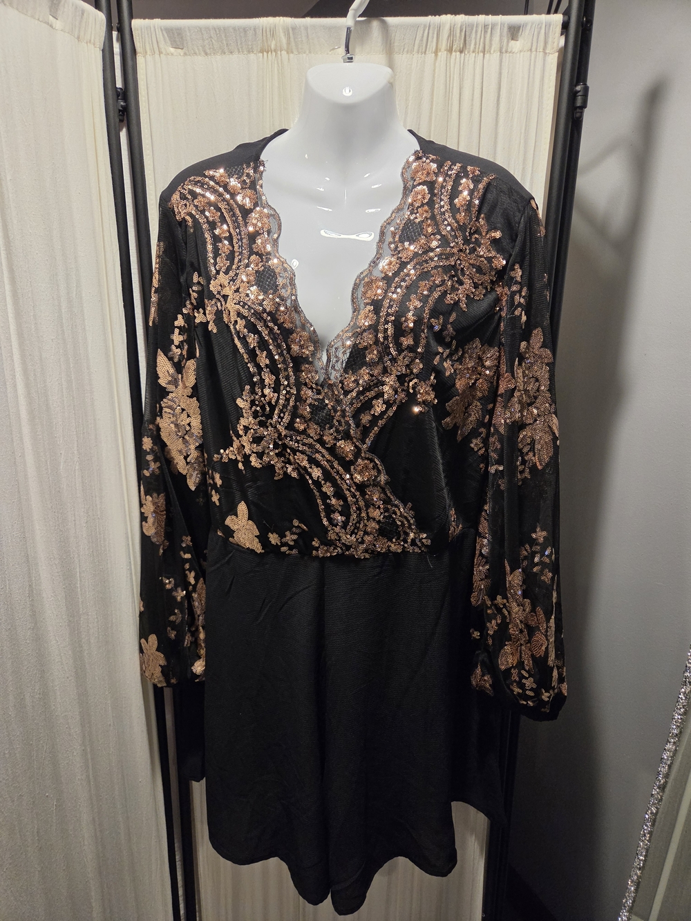 Black romper with rose gold sequin